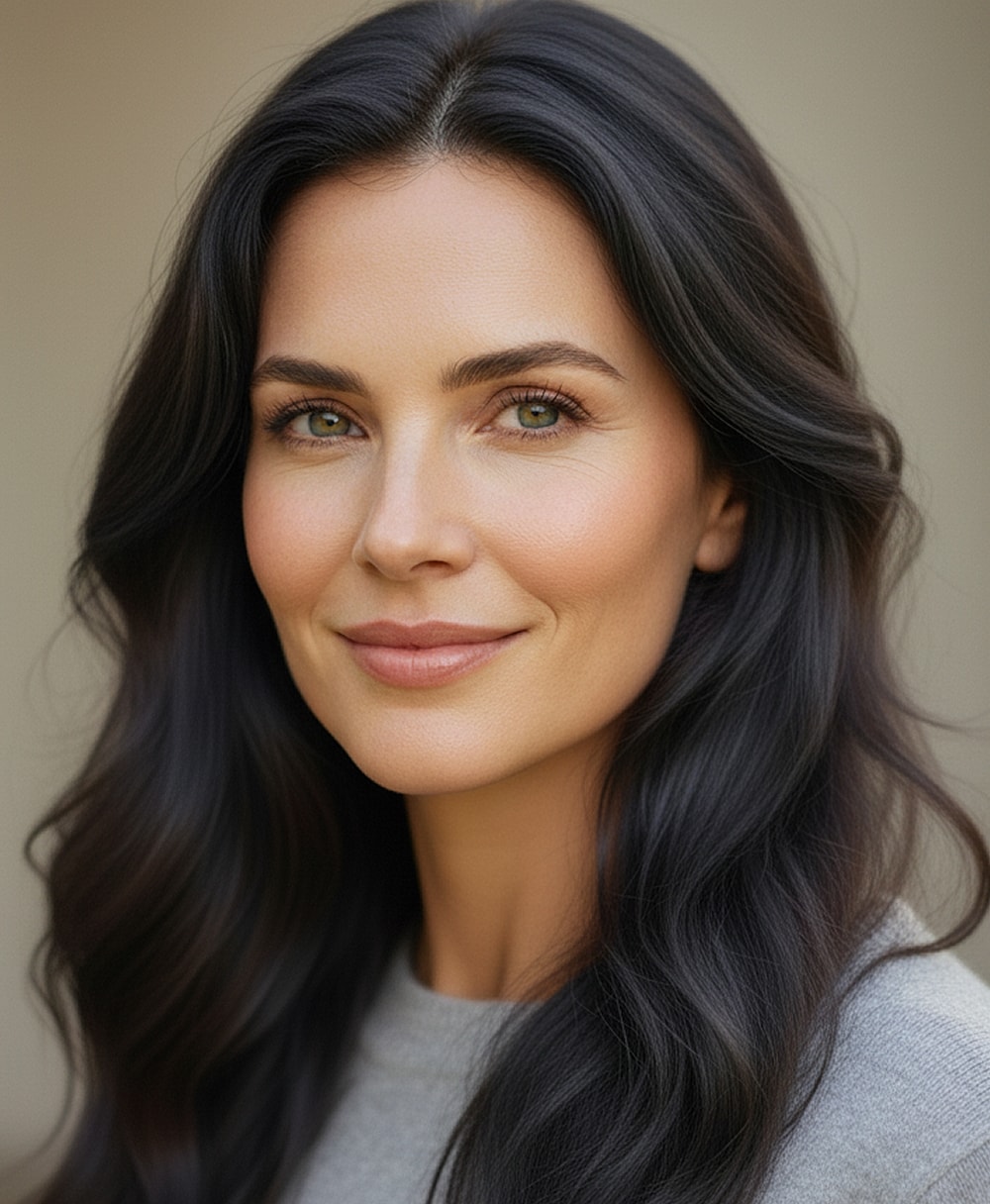 Smiling woman with long dark hair.