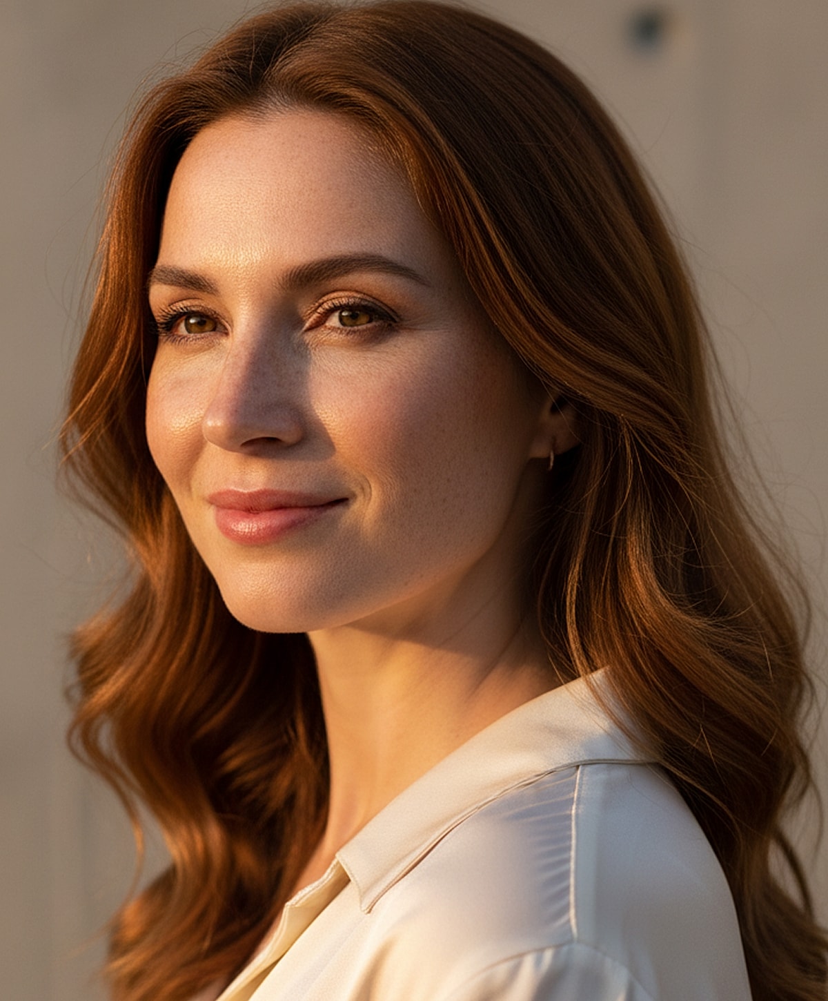 Woman with wavy red hair and soft smile.