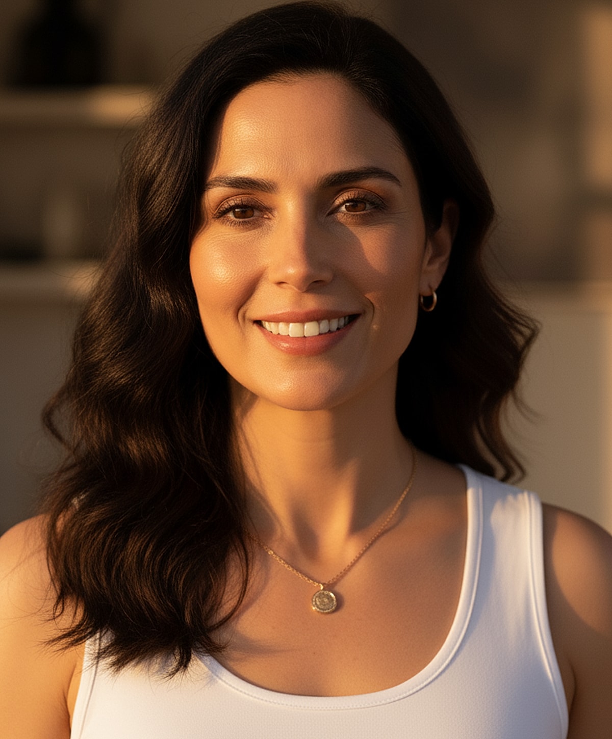 Smiling woman with long, wavy dark hair.