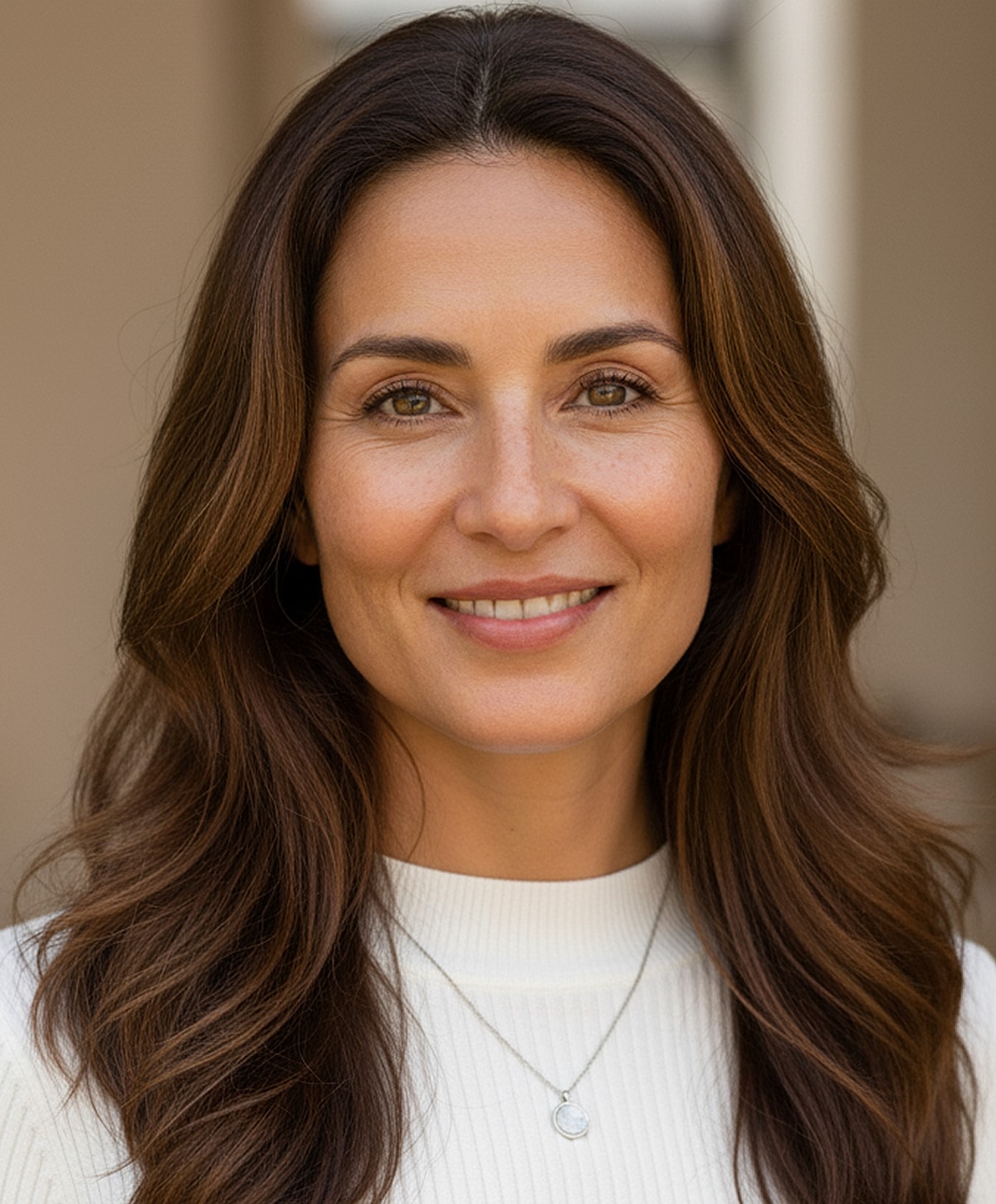 Smiling woman with long brown hair and necklace.