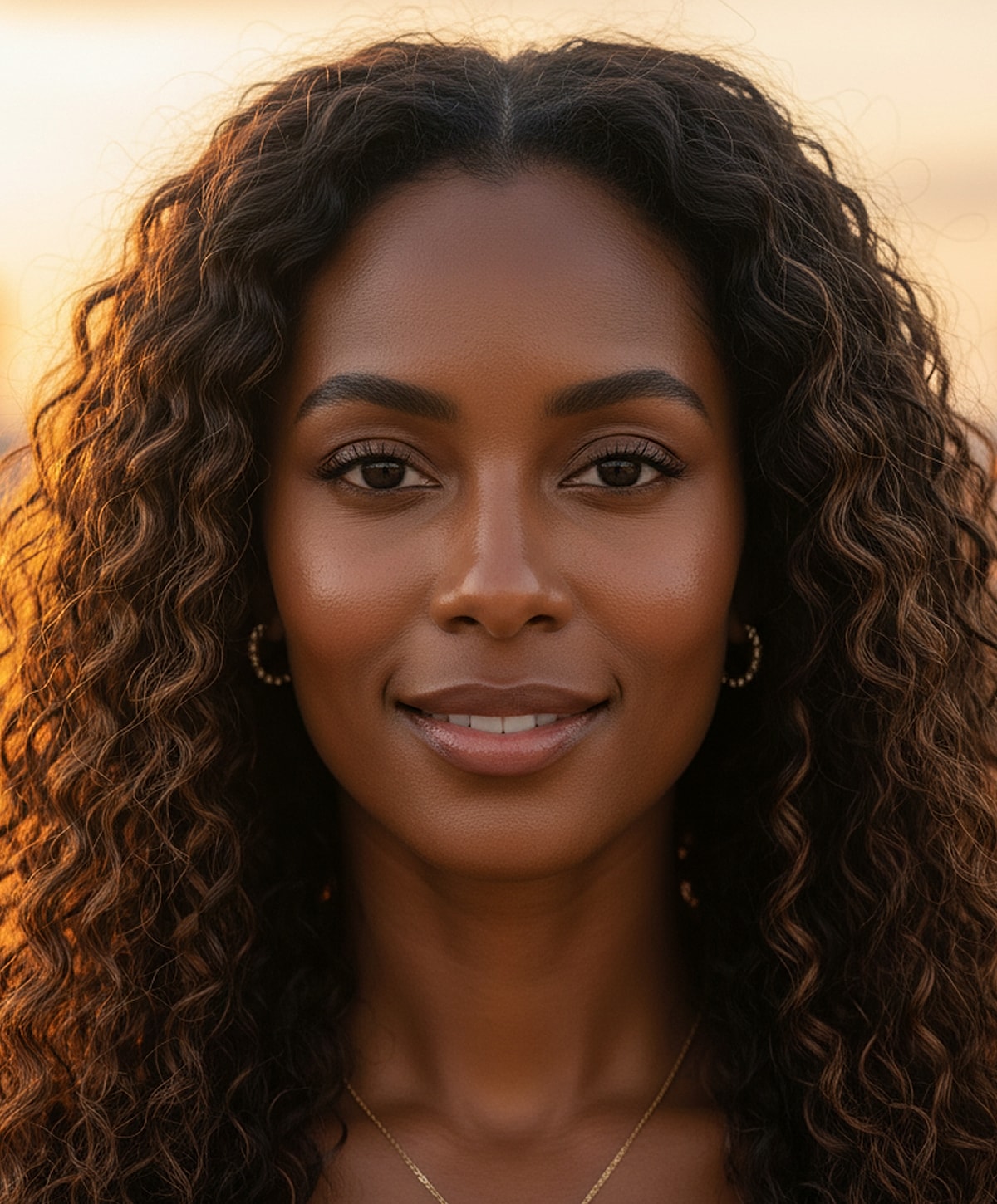 Smiling woman with curly hair at sunset.