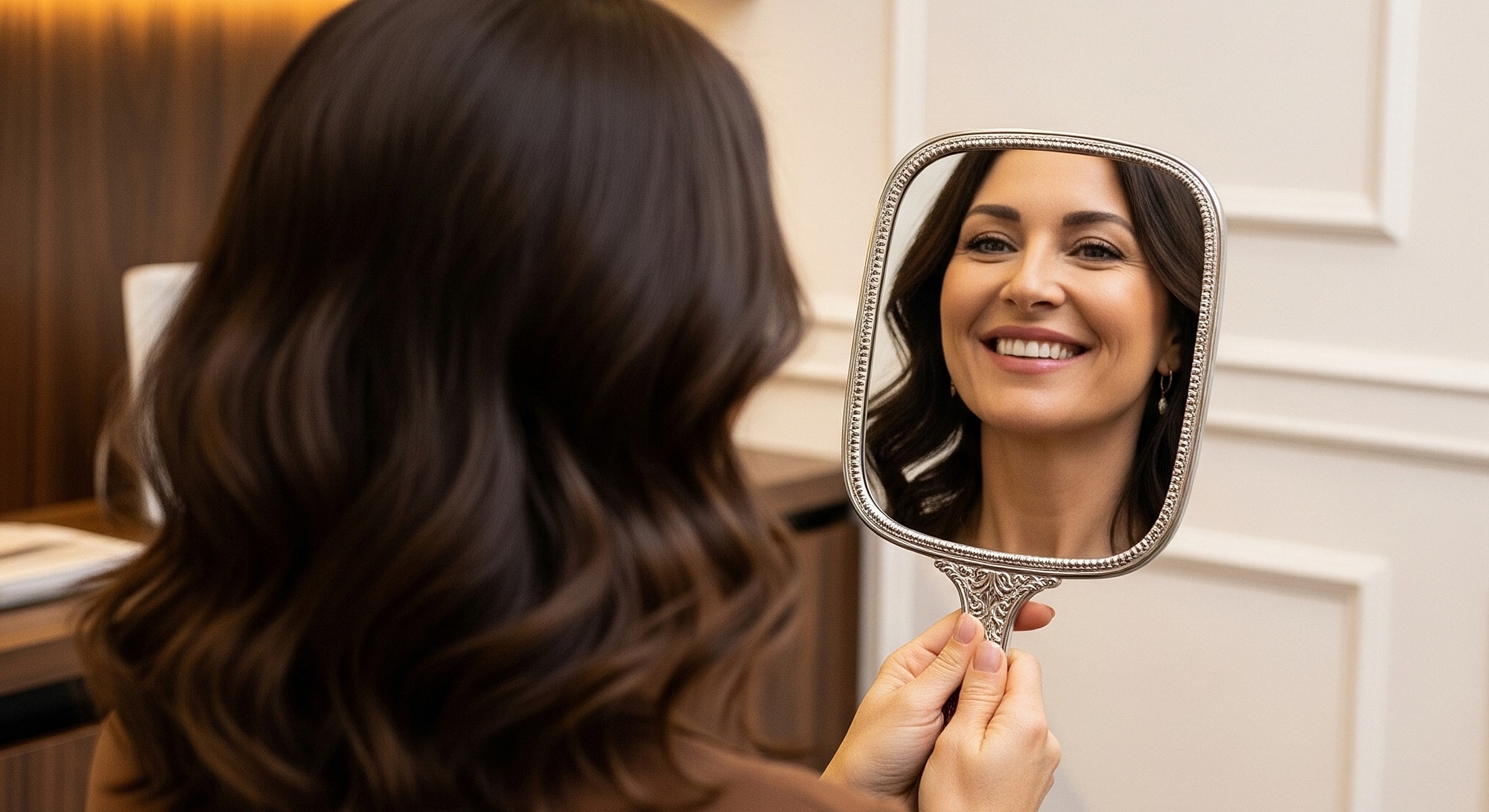 Woman smiling while holding a mirror.